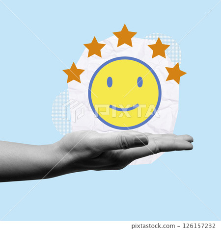 Human hand showing a smiley face with a 5 star rating on his hand with a colored background. Concept of credit score. Collage art Human hand showing a smiley face with a 5 star rating on his hand with a colored background. Concept of credit score. Collage art 126157232