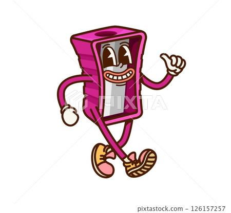 Cartoon groovy school stationery character with funny silly face, vector sharpener. Retro cartoon groovy school stationery with freaky funky smile in hipster shoes for student education item character 126157257