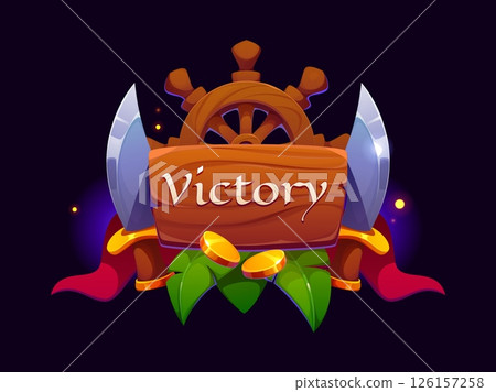 Pirate game victory award icon, ui asset. Vector wooden plaque, shiny pirate cutlasses, golden coins, tropical leaves, ship steering wheel and flowing red ribbons, symbolizing swashbuckling triumph Pirate game victory award icon, ui asset. Vector wooden plaque, shiny pirate cutlasses, golden coins, tropical leaves, ship steering wheel and flowing red ribbons, symbolizing swashbuckling triumph 126157258