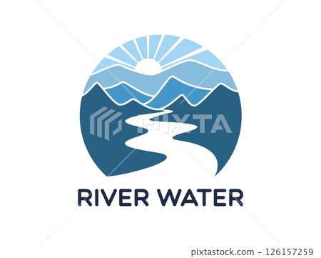 River water road path icon. Vector landscape emblem with winding river, mountain silhouettes and rising sun in a round badge. Nature inspired minimalist symbol with bold lines and blue color palette River water road path icon. Vector landscape emblem with winding river, mountain silhouettes and rising sun in a round badge. Nature inspired minimalist symbol with bold lines and blue color palette 126157259