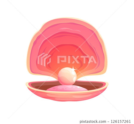 Cartoon pearl shell scallop, underwater oyster and seashell with warm coral tones and open clam revealing a shiny white pearl inside. Vector underwater conch, treasure or fantasy marine game asset 126157261