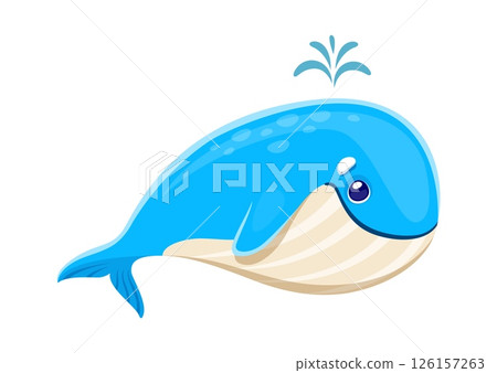 Cartoon blue whale character with smiling face and water splash. Isolated vector marine ocean animal. Cute sea creature with smooth body and expressive eyes. Sea cachalot friendly aquatic personage 126157263
