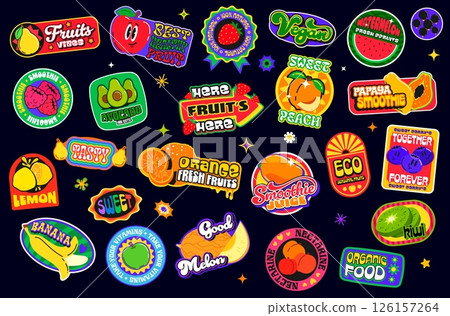 Tropical fruit juice y2k groovy patch stickers smoothie and fresh drink retro funky labels with vector berry food and splashes. Ripe fruit and berry juice trendy y2k geometric shape stickers set 126157264