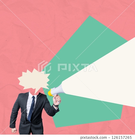 Businessman with speech bubble head making the announcement through megaphone with a colored background. Concept of promotion. Collage art 126157265