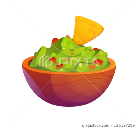 Cartoon bowl of guacamole with tortilla chip and vegetable pieces. Vector Mexican national cuisine sauce with green avocado mash and traditional snack. Fun food symbol for fiesta or national holiday 126157299