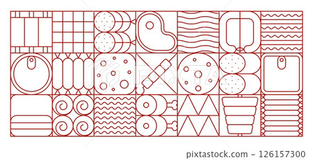 Meat and sausage modern geometric pattern. Vector tile background with salami, steak, sausage links, ham, canned meat, chicken drumsticks, bacon, ribs, mortadella, barbecue and skewers food symbols 126157300
