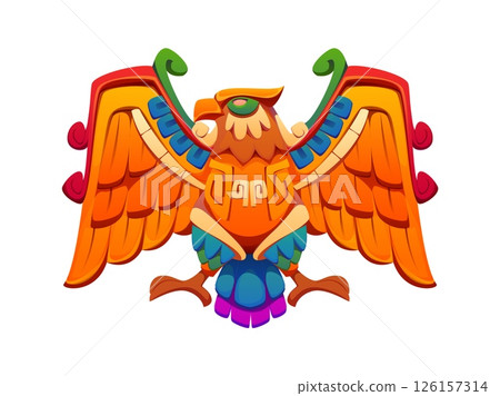 Eagle Aztec Inca Maya Mexican game icon asset. Cartoon vector Mesoamerican mythology bird symbol with outstretched wings, tribal engravings, and vibrant ornamental feathers. Cultural motif, native art 126157314