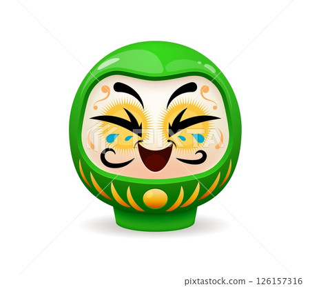 Daruma Japanese green doll with cheerful expression, bold eyebrows, golden yellow decorative patterns and an expressive face, symbolizing perseverance and good luck in culture of Japan 126157316