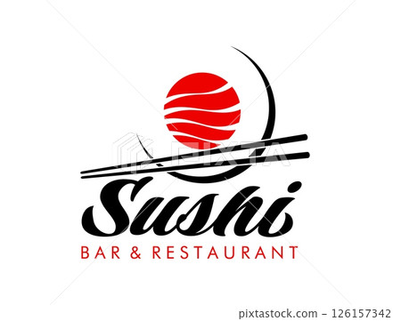 Japanese salmon sushi restaurant icon featuring bold chopsticks, modern typography and red circular sushi roll, emphasize dining experience. Vector emblem for a sushi bar and Asian restaurant service 126157342