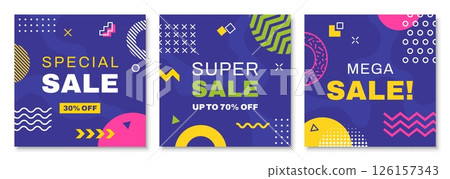 Sale Memphis banners with geometric patterns. Vector square templates featuring special, mega discounts. Seasonal price off offer shopping promotions with vibrant colors to catch shoppers attention 126157343