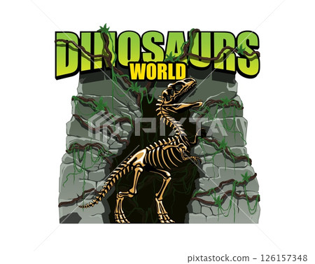 Dinosaurs park entrance stone gate with t rex skeleton emerging from a rocky cave, surrounded by vines and greenery. Vector prehistoric adventure park, dino world museum or fossil exhibition entry Dinosaurs park entrance stone gate with t rex skeleton emerging from a rocky cave, surrounded by vines and greenery. Vector prehistoric adventure park, dino world museum or fossil exhibition entry 126157348