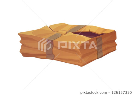 Damaged crumpled cargo delivery box or deformed broken cardboard parcel, vector package. Crushed or ripped cargo box with torn and crumpled sides or damaged delivery carton box by transportation 126157350