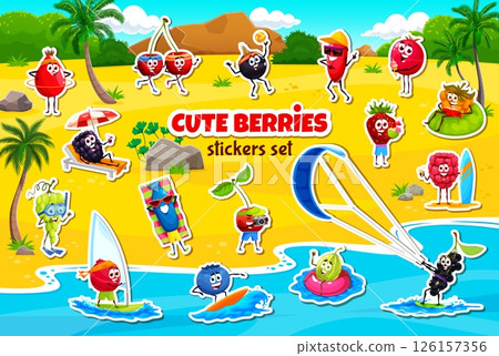 Cartoon berry characters stickers pack with cute fruits on summer beach vacation. Vector happy cherry, strawberry, cranberry and raspberry, honeyberry, blueberry and grapes berry fruits characters 126157356