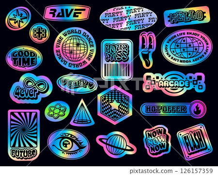 Iridescent holographic y2k groovy patch stickers, hologram retro funky labels with rainbow gradient and 90s rave vector signs. Silver foil holograms, circle and square iridescent holographic stickers 126157359