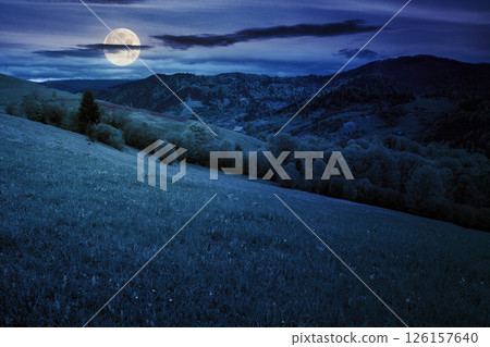 scenic rural landscape in mountains at night. forest on the grassy hillside in full moon light. ridge in the distance under starry sky with dark clouds 126157640
