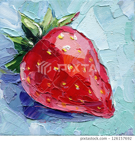 strawberry painting impasto style with thick textured brushstrokes red fruit on blue background summer food art acrylic artwork 126157692