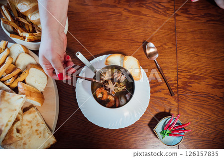 Delicious food cooked for dinner on the table 126157835