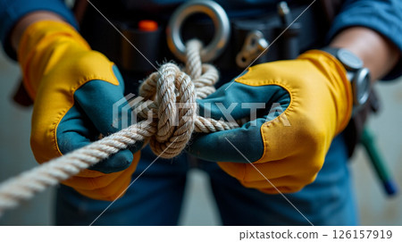 Hands clad in gloves expertly secure a dynamic rope knot while wearing a well-used climbing harness, showcasing the skill and focus required for industrial climbing. Hands clad in gloves expertly secure a dynamic rope knot while wearing a well-used climbing harness, showcasing the skill and focus required for industrial climbing. 126157919