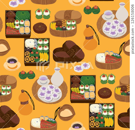 Traditional Korean Lunch Box for Spring Picnic. Seamless Pattern Vector Illustration 126158006