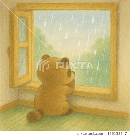 浣熊在窗邊看雨的插圖 126158247