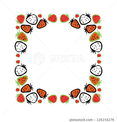Cute strawberry frame illustration set. Seasonal fruits. Spring material. (Translation of Japanese text: "Strawberry fair, sweets", "strawberry frame set", "strawberry picking".) 126158276