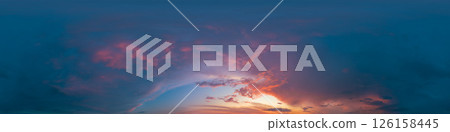 Sunset sky with bright glowing pink Cumulus clouds. Seamless spherical HDR 360 panorama. Full zenith or sky dome in 3D, sky replacement for aerial drone panoramas. Climate and weather change. Sunset sky with bright glowing pink Cumulus clouds. Seamless spherical HDR 360 panorama. Full zenith or sky dome in 3D, sky replacement for aerial drone panoramas. Climate and weather change. 126158445