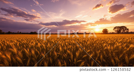 Golden Wheat Field at Dusk A sweeping, eye-level panorama of an endless field of wheat swaying under the gentle breeze 126158582