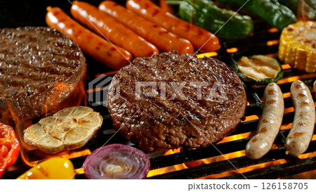 Close-up of Tasty Various Meat on Barbeque Grill with Roaring Flames Close-up of Tasty Various Meat on Barbeque Grill with Roaring Flames 126158705