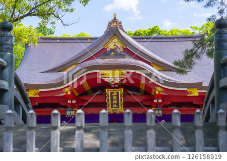 Nishinomiya Shrine - A magnificent worship hall seen across the Tanpo Bridge 126158919