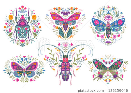 Set of six vector beautiful composition with ornate insects, beetles, butterflies. Folk art floral posters. 126159046