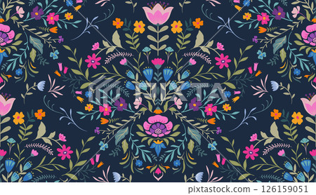 Vector seamless pattern with ornate insects, beetles, butterflies. Folk art floral natural endless background. 126159051