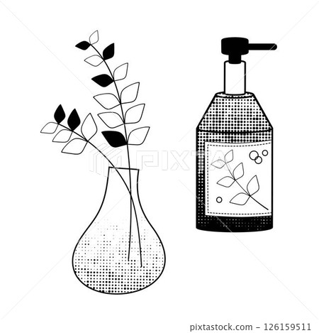 vase with plants and soap dispenser bottle black and white vector illustration 126159511