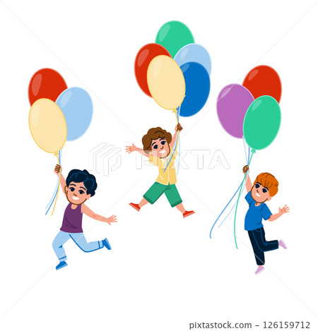childhood kid boy flying balloon vector 126159712