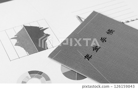 Pension book and graphs, pension system, retirement, population pyramid, aging, macroeconomic slides 126159843