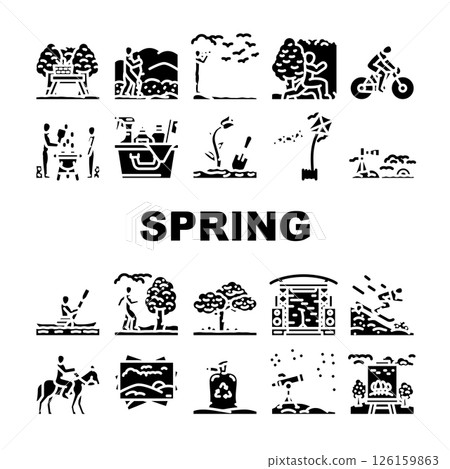 spring spend time blossom picnic icons set vector 126159863