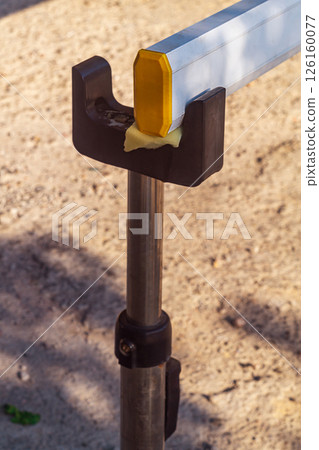 Close-up of the barrier at the support point at the end. A symbol of closed access, the inaccessibility of further movement in this direction, abstract symbolism 126160077