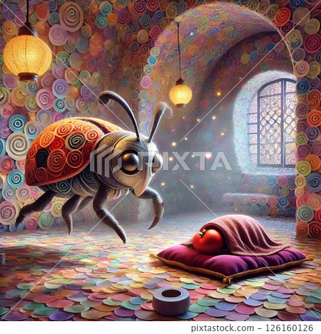 A ladybug floating in the room and an apple on a cushion A ladybug floating in the room and an apple on a cushion 126160126