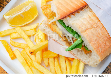 sandwich and French fries, close-up, selective focus 126160265