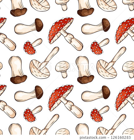 Seamless pattern with colorful mushroom in cartoon style on white background. Trumpet, Fly Agaric, Destroying Angel, Champignon. Perfect for food design, natural packaging, fabric or kitchen decor. 126160283