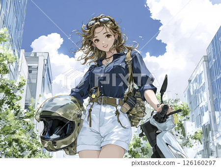 一位年輕女子騎著滑板車購物的插圖 一位年輕女子騎著滑板車購物的插圖 126160297