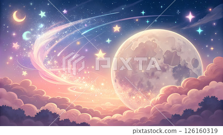 Whimsical night sky filled with bright stars and a glowing moon 126160319