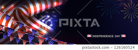 Composition with wavy silhouette of American flag with bright flashes, garland of flags 126160524