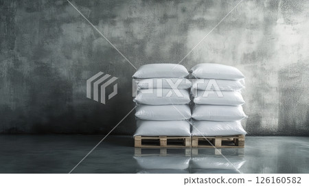 Stack of eleven white cement bags on wooden pallet against industrial gray concrete wall interior with glossy floor 126160582