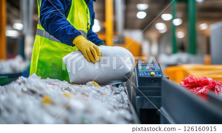 Recycling process: asian male adult in safety gear sorting plastic waste in an industrial facility with precision and environmental focus 126160915