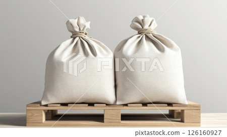 Two white burlap sacks tied with rope on a wooden pallet against a neutral background in a minimalist setting 126160927