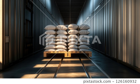 Stacked white agricultural bags on wooden pallet in industrial warehouse with metal corrugated walls and sunlit pathway 126160932