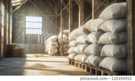 Sunlit warehouse with grain sacks on wooden pallets creating a rustic and industrial atmosphere during harvest season 126160952