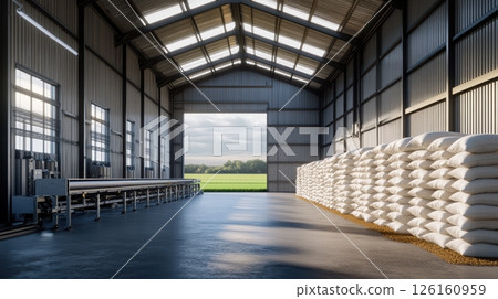 Sunlit agricultural warehouse filled with large stacked grain sacks and advanced machinery in a modern industrial setting 126160959