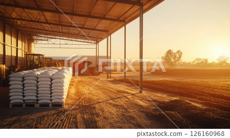 Agricultural warehouse at sunrise with stacked grain bags and tractor in rustic setting, capturing morning light and expansive farmland views Agricultural warehouse at sunrise with stacked grain bags and tractor in rustic setting, capturing morning light and expansive farmland views 126160968