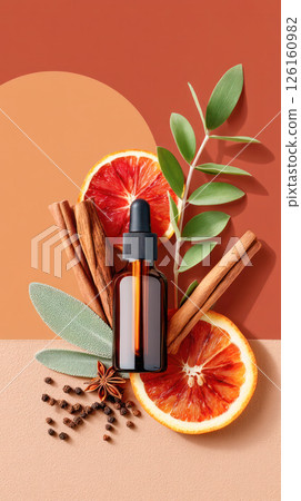 Essential oil dropper bottle surrounded by cinnamon sticks, cloves, black pepper, and blood orange slices 126160982
